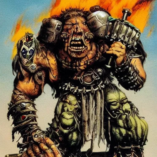 Image similar to Heavy metal Ork, Orkboy, Ork, 80s metal, mohawk, shaggy hair, New Wave of British Heavy Metal, Frank Frazetta, pulp art, illustration