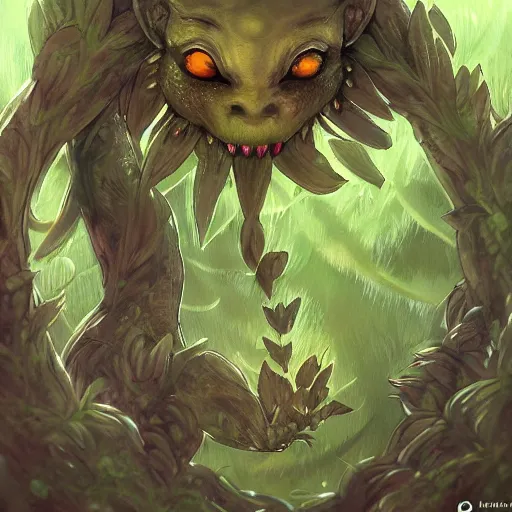 Image similar to plant monster, trending on art station, amber eyes and a smug smile