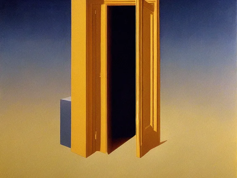 Prompt: a door to nothingness, painting by rene magritte, high detail, high resolution