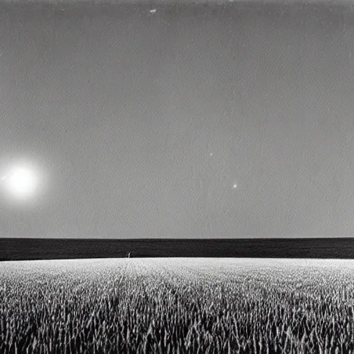 Image similar to a picture of an ufo above an wheat field, black and white, 1 9 2 0's, pictorialism