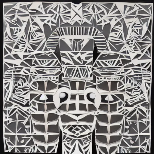 Prompt: Detailed paper cut collage of abstract tribal masks