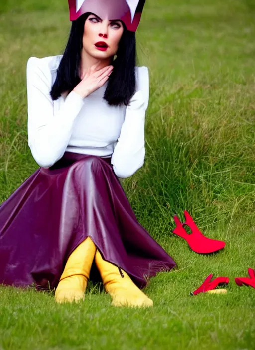 Prompt: a female sitting in the grass while her legs are pointing to the sky, she's wearing a very high leather boots with a much longer royal white socks, wearing a red matte long sleeves that are very loose at each end, she's wearing a very short dark matte violet skirt, golden jewelries, pointy bunny ears, 4 white tails with a red him at each end, very detailed beautiful face, smiling seductively, trending on Artstation, art by ZeargeanT