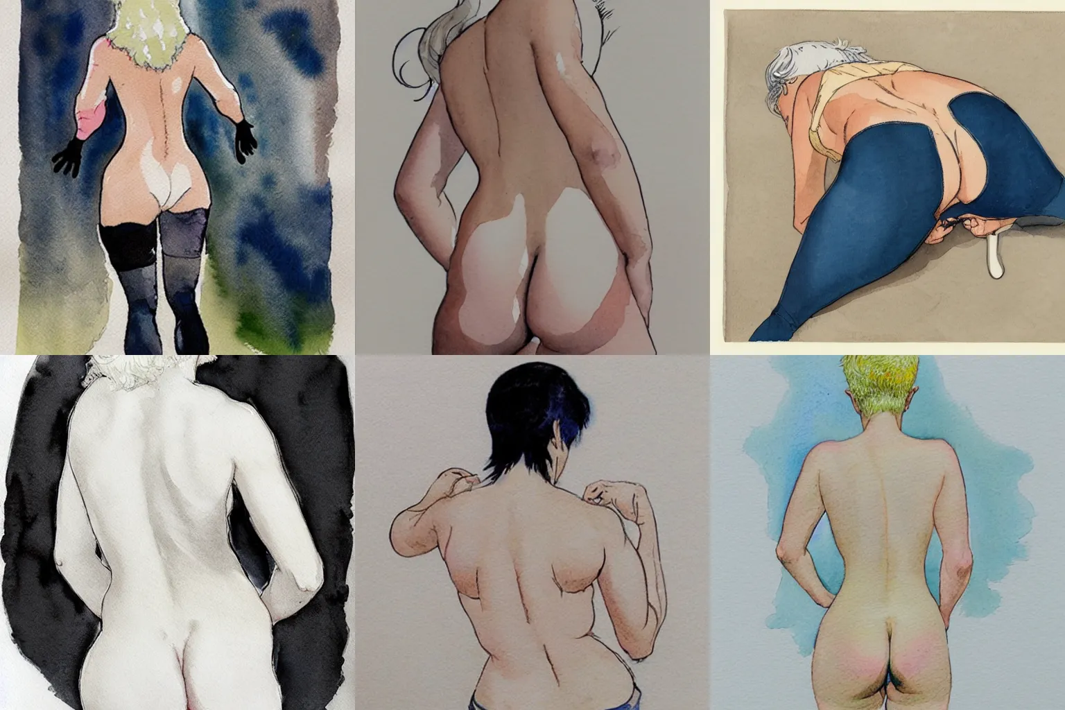 Prompt: the lower back of an attractive woman with short white hair. watercolor drawing by hugo pratt and milo manara.