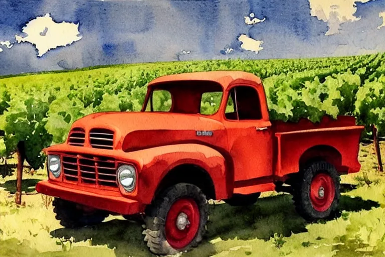 Prompt: watercolor painting of bbc a vintage red truck in a vineyard by winslow homer