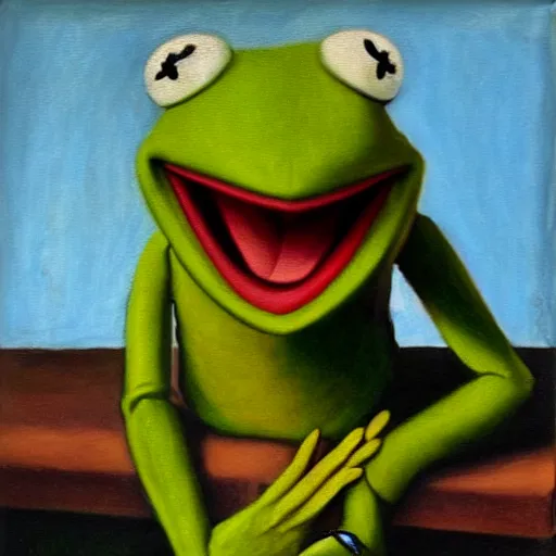 Prompt: terrified kermit the frog, oil painting, botticelli, raphael, vermeer