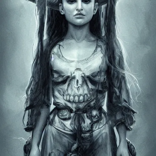 Image similar to a beautiful little girl standing on a lot of skulls, sadness, natalie portman, pigtails hairstyle, dark fantasy, high detailed, concept art, sharp focus, illustration