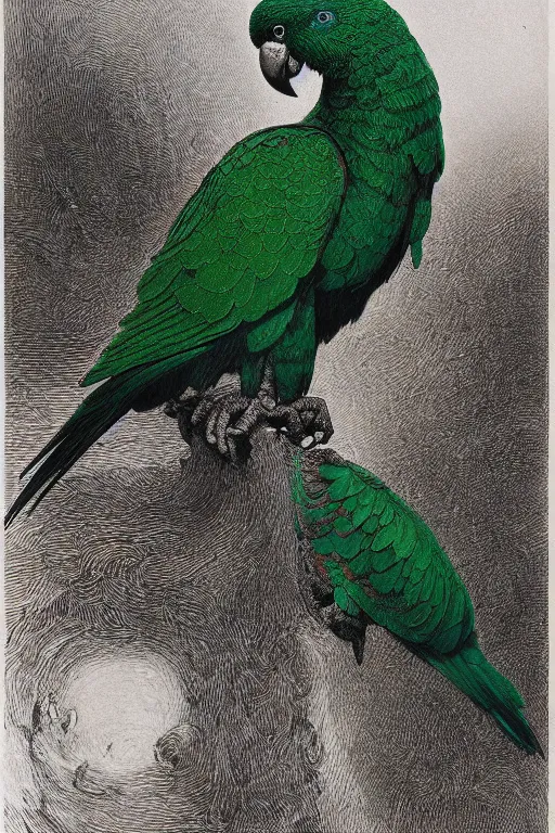 Image similar to beautiful emerald green parrot with red aura and eyes, by zdzisław beksinski, by gustave dore