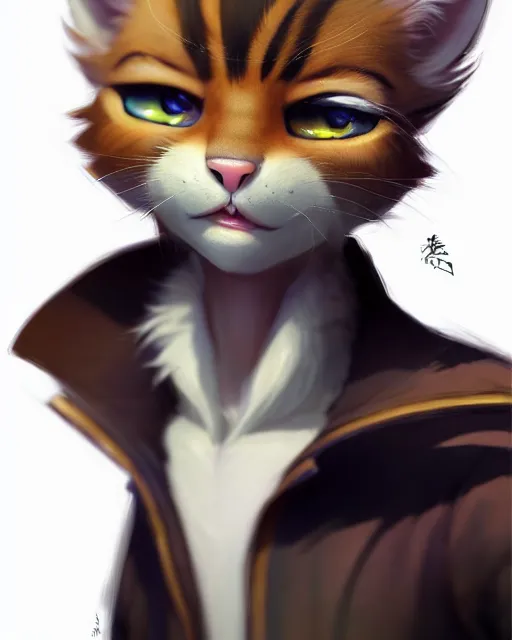 Image similar to character concept art of a young male anthropomorphic furry cat | | cute - fine - face, pretty face, key visual, realistic shaded perfect face, fine details by stanley artgerm lau, wlop, rossdraws, james jean, andrei riabovitchev, marc simonetti, and sakimichan, trending on artstation