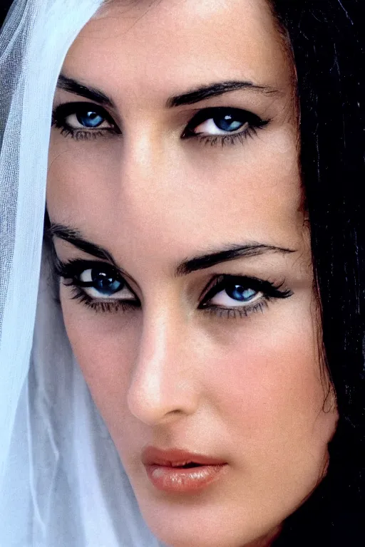 Prompt: young arab Monica Bellucci, blue eyes, long wavy black hair, white veil, closeup, focus face, colored, middle eastern