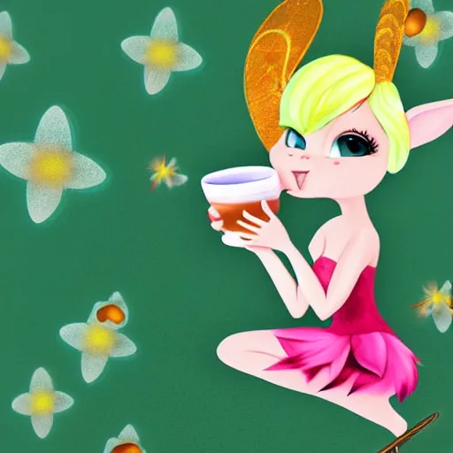 Image similar to digital painting of chibi Tinkerbell reclining and drinking coffee 4k detailed