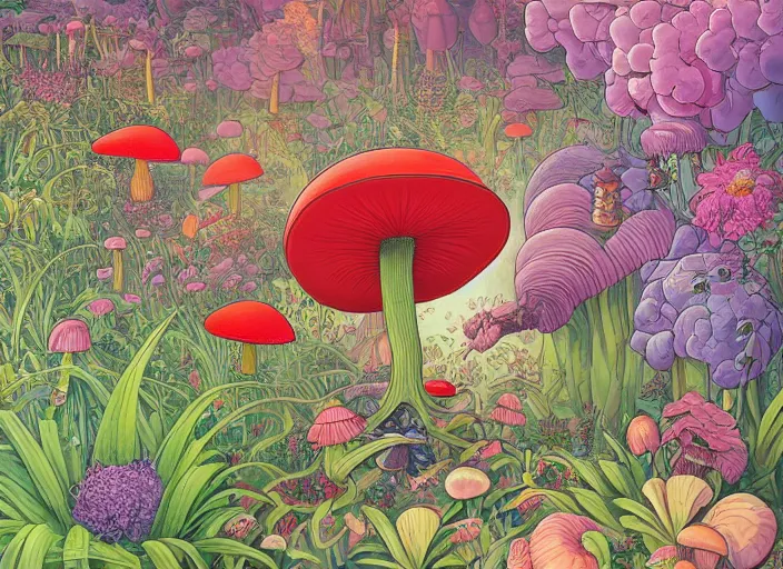 Prompt: a painting of toxic mushroom surrounded by a lot of beautiful flowers and exotic plants, a detailed painting by naranbaatar ganbold and james jean, behance contest winner, space art, ultrafine detailed painting, biomorphic, line art, top view
