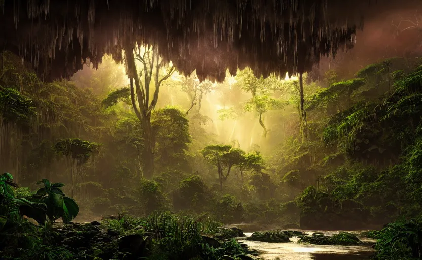 Image similar to a beautiful render of a dark prehistoric rainforest in a humongous cave, lush flora, patches of yellowish - red - magenta sky, sunset lighting, fireflies, floating mountains and a waterfall in the background, intricate detail, hazy, humid, volumetric lighting, god rays, 8 k, photorealistic, raytracing effects, unreal engine 5