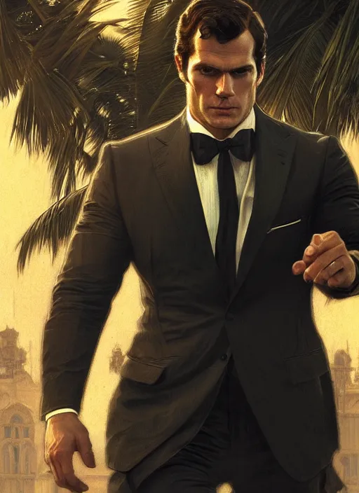 Image similar to portrait of henry cavill as james bond, key art, sprinting, palm trees, highly detailed, digital painting, artstation, concept art, cinematic lighting, sharp focus, illustration, by gaston bussiere alphonse mucha