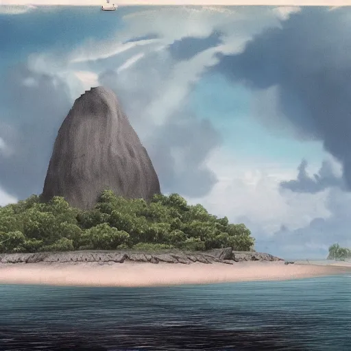 Prompt: Long forgotten island that once hosted a great civilization now gone, Tropical Island, matte painting, concept art