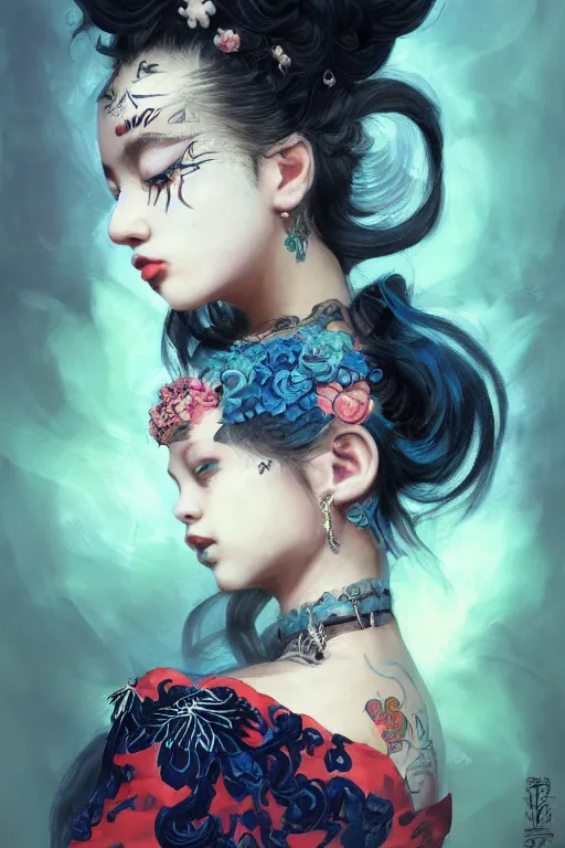 Image similar to an epic painting of a young girl, complete figure view, curly messy high bun hairstyle, oriental tattoos, subject wearing a harajuku style outfit, flowing, ornate, kawaii, beautiful, navy blue, coral red, mint, taupe, with few baby blue highlights, cinematic light, volumetric shading, by Greg Rutkowski and Jeremy Mann, trending on Artstation, 80mm lens, oil on canvas