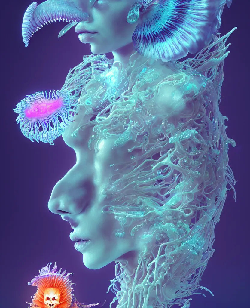 Image similar to goddess close-up portrait. chimera orchid jellyfish phoenix head, nautilus, skull, betta fish, bioluminiscent creatures, intricate artwork by Tooth Wu and wlop and beeple. octane render, trending on artstation, greg rutkowski very coherent symmetrical artwork. cinematic, hyper realism, high detail, octane render, 8k