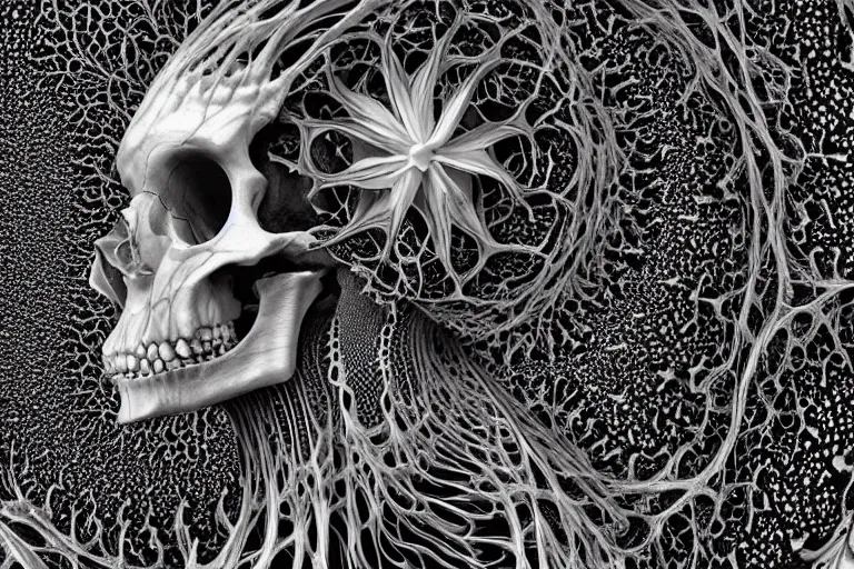 Prompt: a fractal within a fractal within a fractal within a fractal within a fractal all contained in a human skull and complimented with the most beautiful datura flowers, dynamic lighting, datura, angel's trumpet