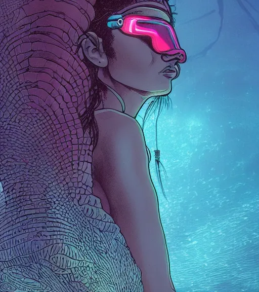 Image similar to a cyberpunk diver Polynesian woman swims through a dark bioluminescent alien coral reef, techwear, Industrial Scifi, detailed illustration, character portrait, by Martin Grip and Moebius