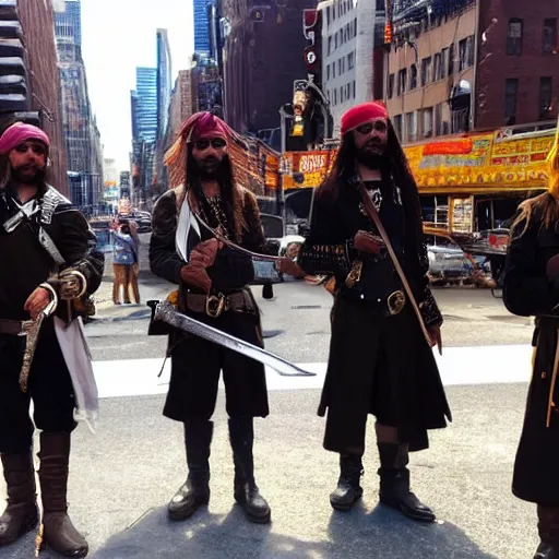 Image similar to real pirates standing with they swords ready in the middle of the road in new york city.