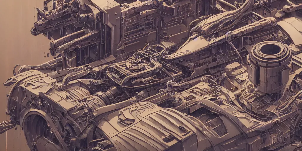 Prompt: collection of exploration of form and shapes, moebius, engine, props, hard surface, panel, simon stalenhag, kitbash, items, gadget, big medium small, close up, vehicles, futuristic, parts, machinery, greebles, insanely detailed, case, hardware, golden ratio, wes anderson color scheme, in watercolor gouache detailed paintings