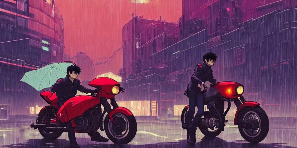 Image similar to twilight lighting, moody, atmospheric, solarpunk, kaneda and his motorcycle from akira, rainy, in the art style of neon genesis : evangelion, 8 0 s anime style, by ghibli studio and victor ngai, ghost in the shell art style, akira artstyle, pixar highly detailed, 8 k h 5 7 6