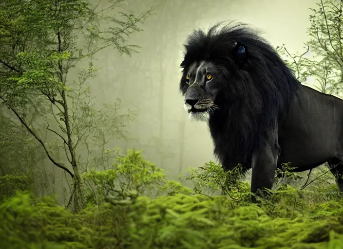 Image similar to professional wildlife photograph of a black lion standing in a foggy dark jungle at night, surrounded by dense dark trees at night, moss, ferns, cinematic lighting, apex predator, natgeo