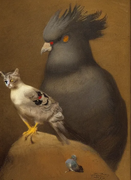 Prompt: A masterpiece portrait of a pigeon and a cat by Rembrandt, dramatic lighting, oil on canvas