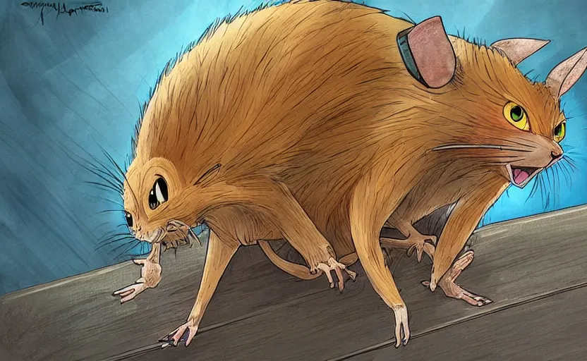 Image similar to the friendly feral rat awoke from its slumber beneath the bed frame, digital painting masterpiece, haunting beautiful brush strokes, painted by Moebius and Hayao Miyazaki and Akira Toriyama