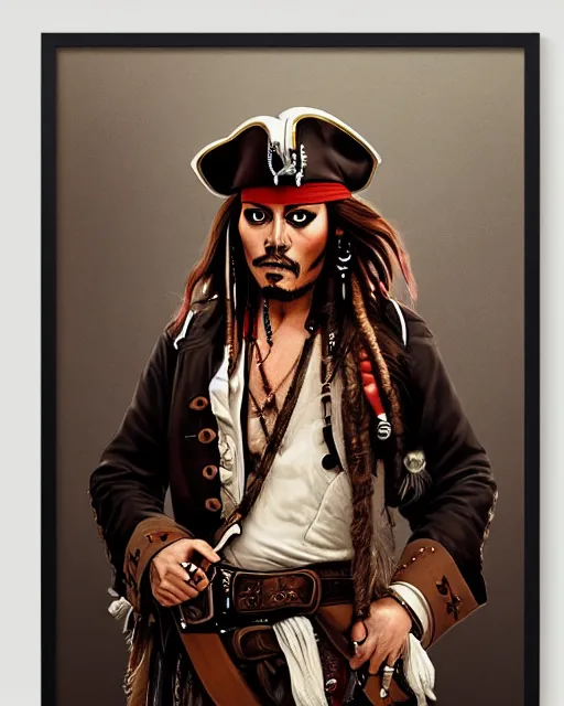 Prompt: a detailed poster in white frame hanging on the wooden wall, portrait of captain jack sparrow, in the style of ilya kuvshinov, rossdraws, wlop