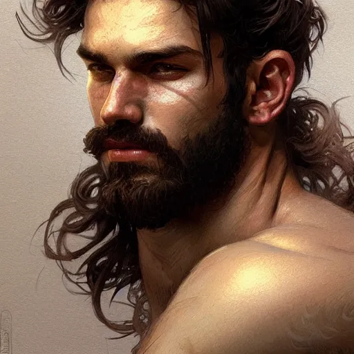 Image similar to portrait of a young rugged beserker, muscular, upper body, hairy torso, D&D, fantasy, intricate, cinematic lighting, highly detailed, digital painting, artstation, concept art, smooth, sharp focus, illustration, art by Artgerm and Greg Rutkowski and Alphonse Mucha