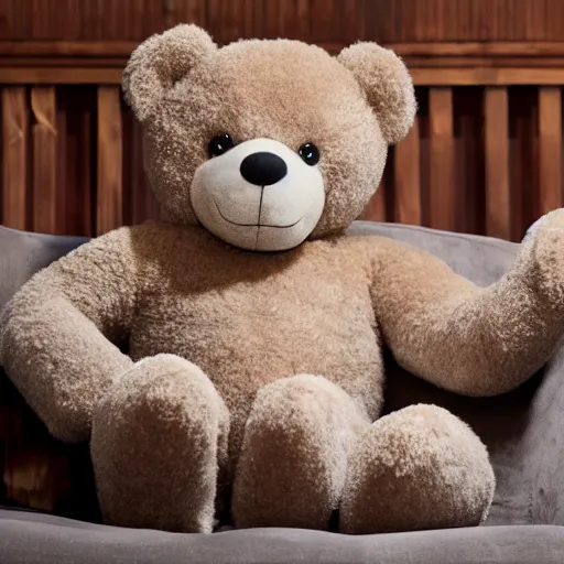 Prompt: a teddy bear with very! very long!!!! legs on a formal couch, 4 k photo