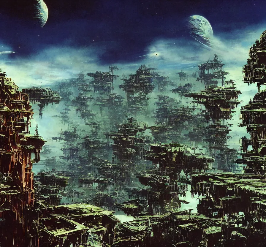 Image similar to scenary, scary, nightmare, matte painting, peter elson, chris foss, john berkey