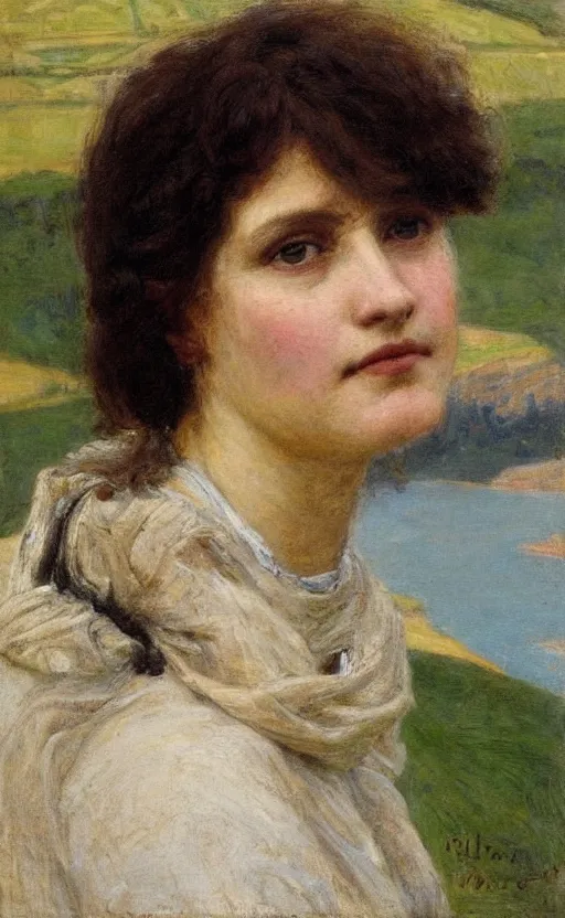 Image similar to oil portrait!!! by alma tadema of a woman looking at us, head slightly turned on the right, lake como!! in the background, short brown hair