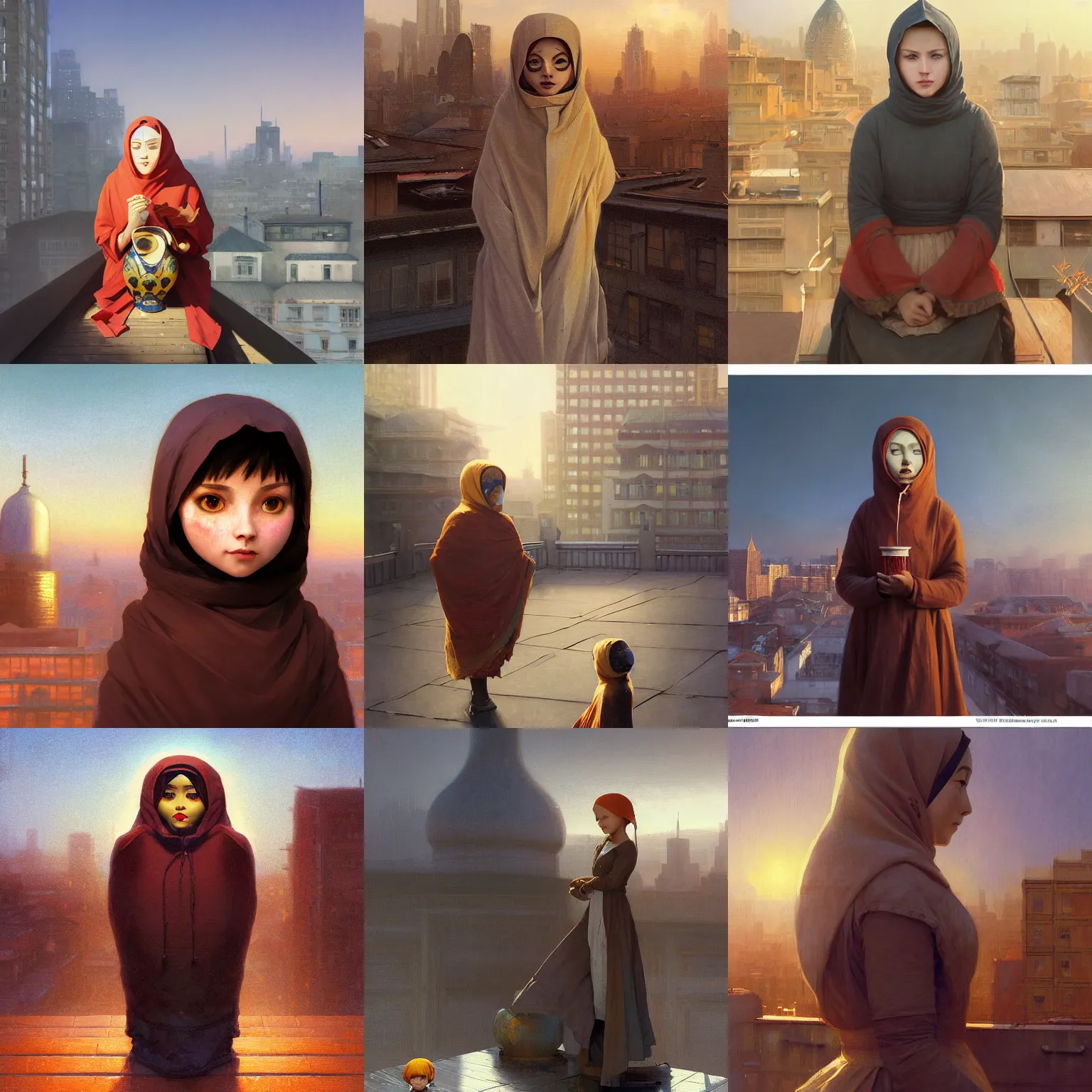 Prompt: A digital painting of a portrait of matryoshka alone on a rooftop during Golden Hour. masterpiece 4k digital illustration by Ruan Jia and Mandy Jurgens and Artgerm and greg rutkowski and Alexander Tsaruk and WLOP and william-adolphe bouguereau, marvel comics, dark, intricate, highly detailed, smooth, artstation, digital illustration by Ruan Jia and Mandy Jurgens and Artgerm and Wayne Barlowe and Greg Rutkowski and Frank Frazetta , award winning, Artstation, art nouveau aesthetic, Alphonse Mucha background, intricate details, realistic, panoramic view, Hyperdetailed, 8k resolution, intricate art nouveau