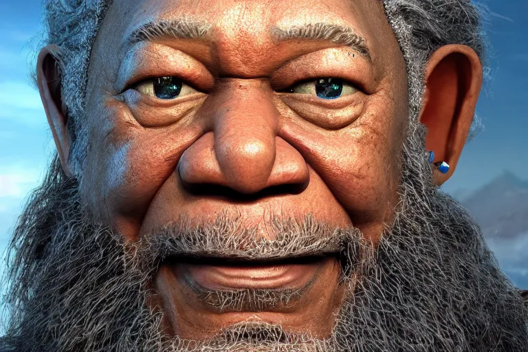 Image similar to morgan freeman starring as gimli in lord of the rings, full body, still from a pixar movie, high quality 3 d render, movie, pixar, renderman, 4 k, artstation