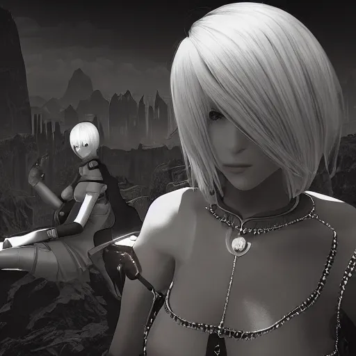 Image similar to a beautiful portrait of Nier Automata in a science fiction environment by ansel adams