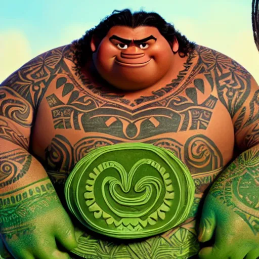 Image similar to moana's green nature giant as a man, pixar, 8k