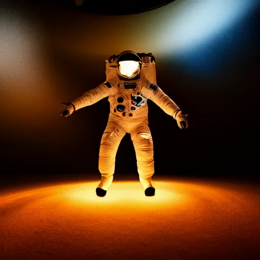 Image similar to astronaut silhouette with arms extended forward, bottom of arms lit by light coming from offcamera, light coming from below, dark background, lit from below, full body photo,, 8 k