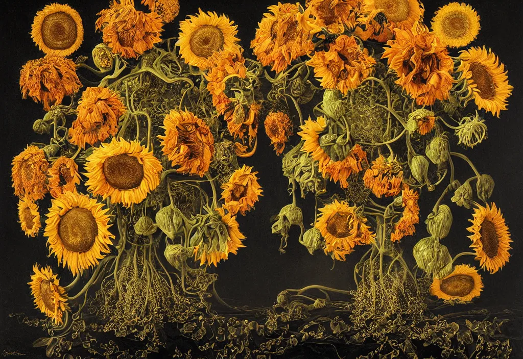 Prompt: dutch golden age bizarre sunflower portrait made from flower floral still life with many perceptive eyes very detailed nasturtium vines disturbing fractal forms sprouting up everywhere by rachel ruysch black background chiaroscuro dramatic lighting perfect composition high definition 8 k oil painting with black background by christian rex van dali todd schorr of a chiaroscuro portrait recursive masterpiece