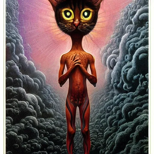 Image similar to a cat having an ego trip, by alex grey, by Esao Andrews and Karol Bak and Zdzislaw Beksinski and Zdzisław Beksiński, trending on ArtStation