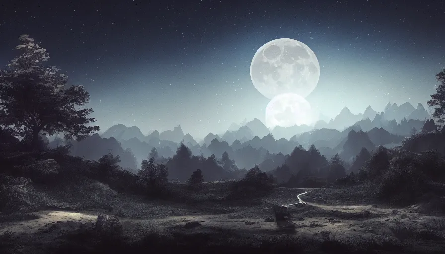 Image similar to a beautiful landscape at night, big moon and stars in the sky, matte painting, dark blue tones, concept art, 4k