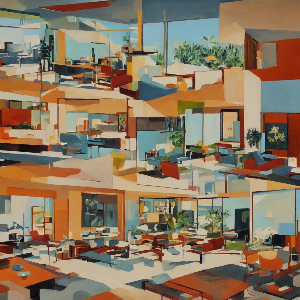 Prompt: an oil painting of the interior of a mid century modern house designed by both frank lloyd right and richard sera in palm springs