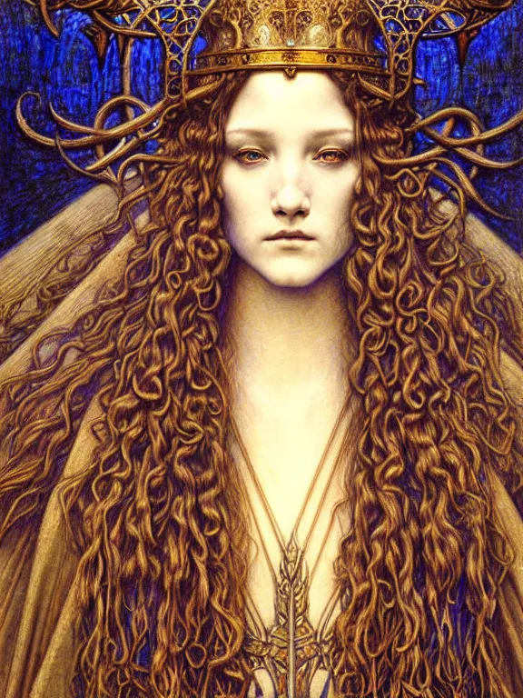 Image similar to detailed realistic beautiful young medieval queen face portrait by jean delville, gustave dore and marco mazzoni, art nouveau, symbolist, visionary, gothic, pre - raphaelite. horizontal symmetry