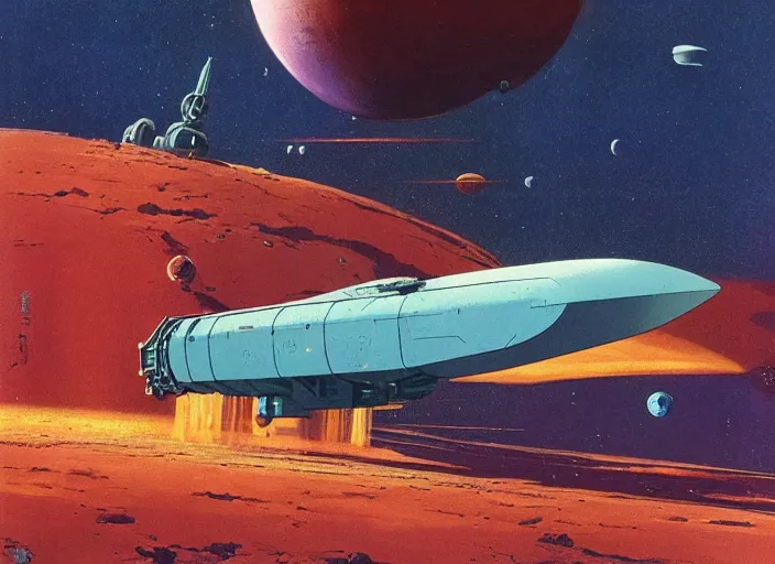 Prompt: a huge vividly - coloured spacecraft in an empty landscape by martin deschambault, dean ellis, peter elson, chris foss, josan gonzalez, david a hardy, john harris, wadim kashin, angus mckie, moebius, bruce pennington, retro 1 9 6 0 s sci - fi art