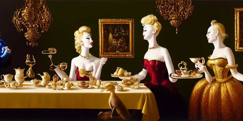 Image similar to a blonde and a mallard and a pig having tea at the ritz, abstract oil painting by gottfried helnwein pablo amaringo raqib shaw zeiss lens sharp focus high contrast chiaroscuro gold complex intricate bejeweled