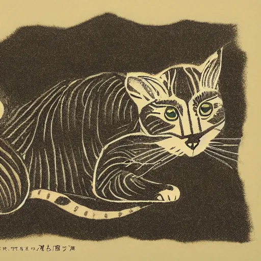 Image similar to cat made of coffee beans in lithography style of ogata korin