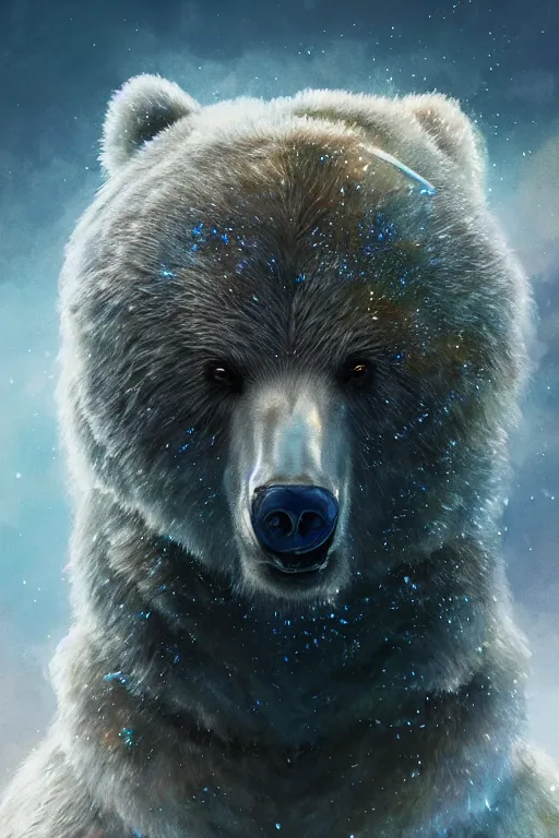 Image similar to a portrait of a crystalized bear by Greg Rutkowski, Sung Choi, Mitchell Mohrhauser, Maciej Kuciara, Johnson Ting, Maxim Verehin, Peter Konig, final fantasy , mythical, 8k photorealistic, cinematic lighting, HD, high details, atmospheric,