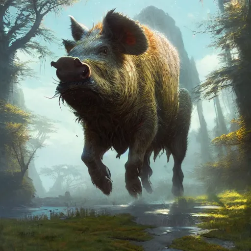 Image similar to highly detailed big boar, stephen bliss, unreal engine, fantasy art by greg rutkowski, loish, rhads, ferdinand knab, makoto shinkai and lois van baarle, ilya kuvshinov, rossdraws, tom bagshaw, global illumination, radiant light, detailed and intricate environment