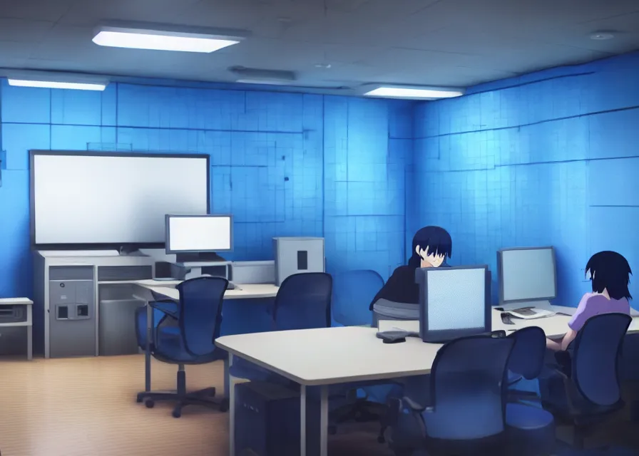 Image similar to an interior room with old pc computers with blue screens stacked on the walls and someone sitting at a desk, makoto shinkai, dusty