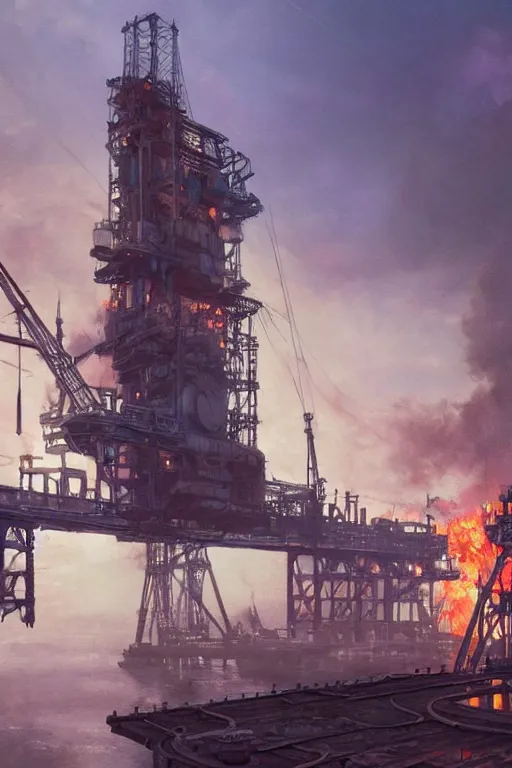 Prompt: a highly detailed matte painting of a soviet steampunk oil rig on fire at night by studio ghibli, makoto shinkai, by artgerm, by wlop, by greg rutkowski, volumetric lighting, octane render, 4 k resolution, trending on artstation, masterpiece